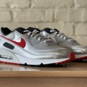 NIKE AIR MAX 90 MEN SHOES "ICON SILVER BULLET" DX4233 001 SILVER/RED size 8.5-14
